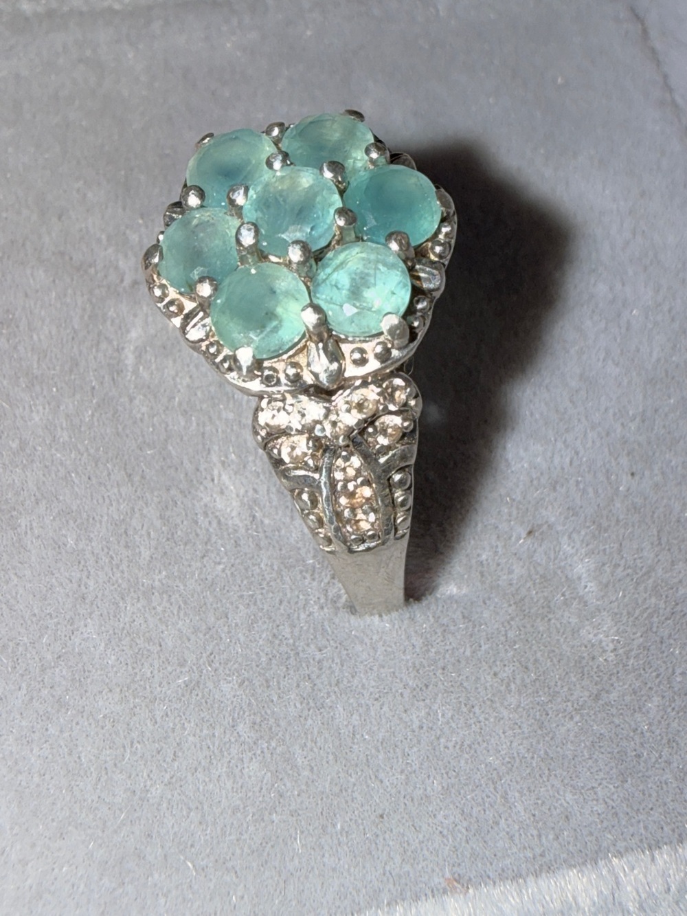 ✨Rare ✨925 Sterling Silver Grandidierite & Diamond Flower Cluster Ring Sz8 - Picture 7 of 17